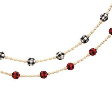 Buffalo Check Rag Ball & Wood Bead Garland, 6ft, 2 Asstd. sold individually - The Fox Decor